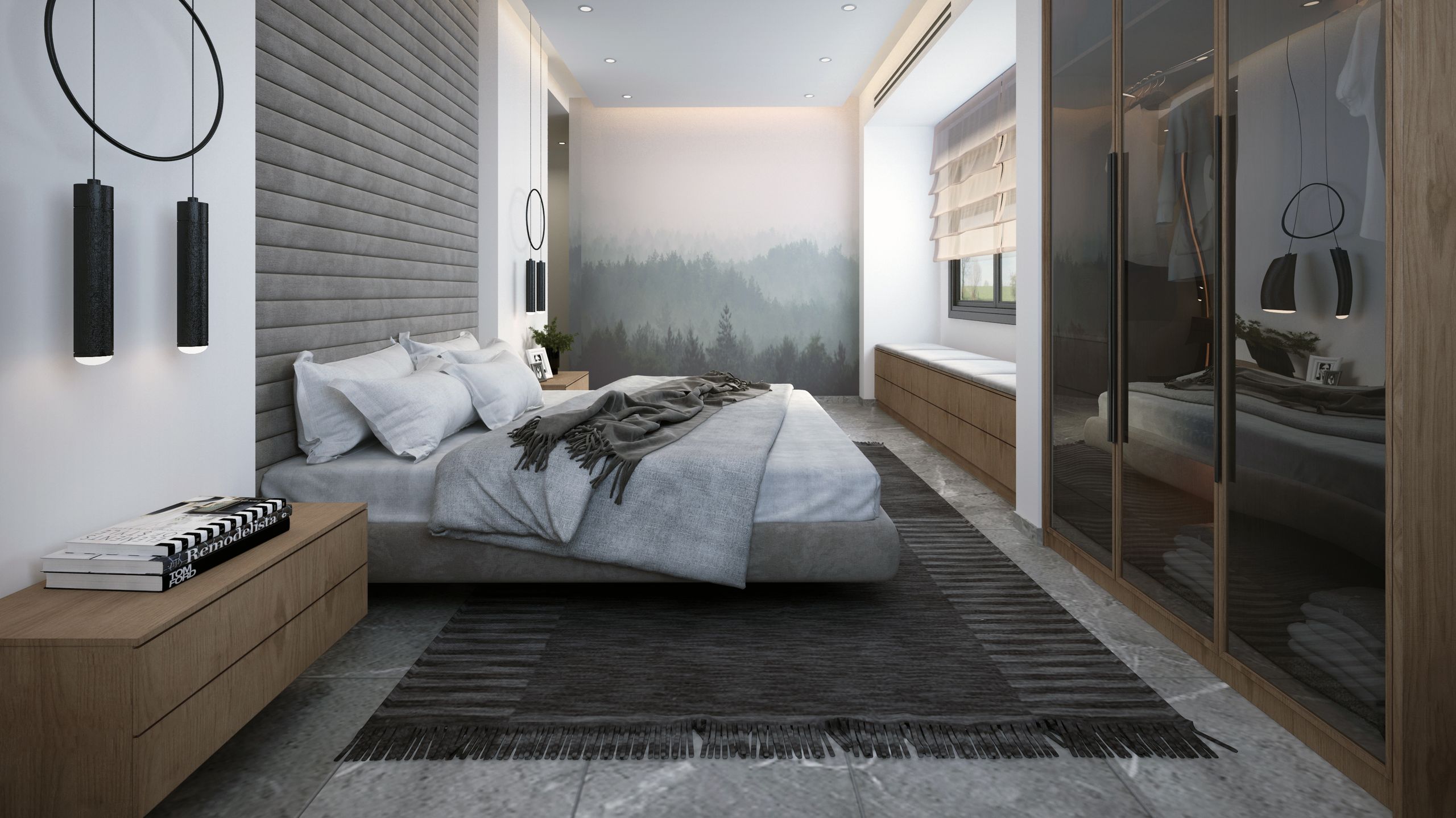 A sleek, modern bedroom with minimalist decor and calming muted colors.