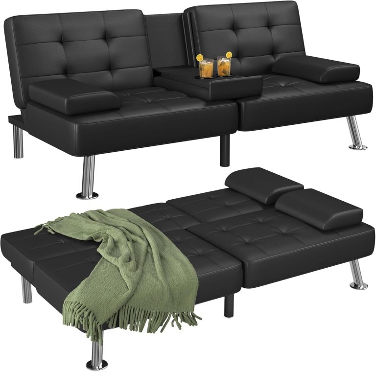 Flamaker Futon Sofa Bed Folding Convertible with 2 Cup Holders Black